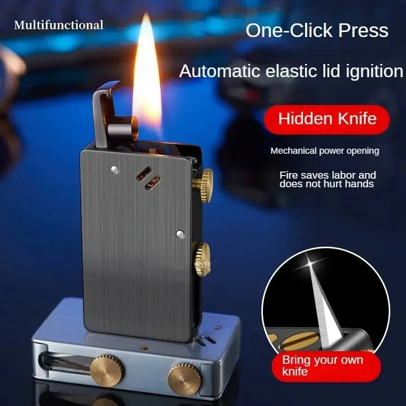 Multi-Function Belt Knife/Lighter Ejection Kerosene Lighter Automatic Ignition Creative Retro Grinding Wheel Metal Lighter Men's Gadgets - Premium lighter from Lizard Vigilante - Just $21.49! Shop now at Lizard Vigilante