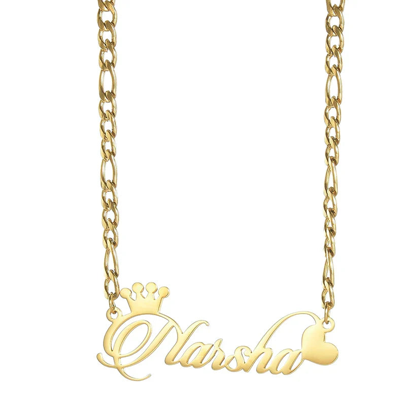 Goxijite Custom Name Collar Customized Crown Heart Nameplate Charm Necklaces Figaro Chain Stainless Steel Women Jewelry Gift