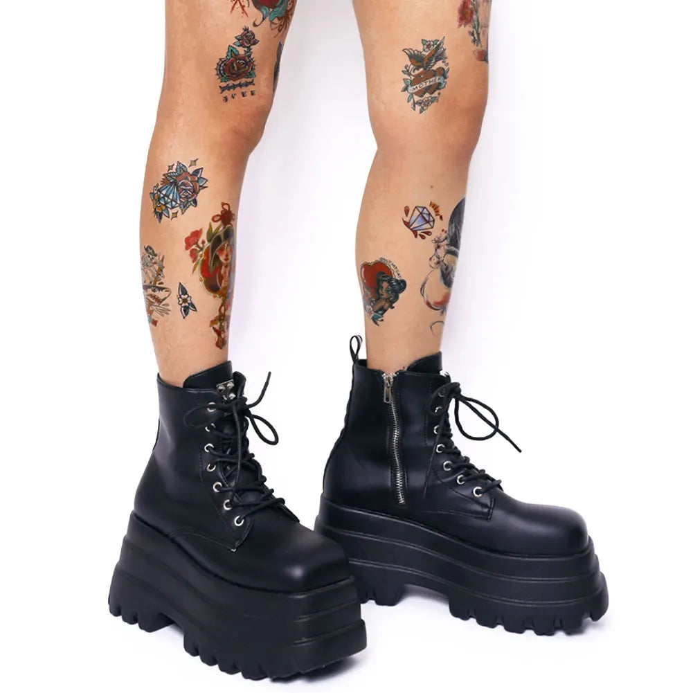 GIGIFOX Gothic Platform High Boots for Women – Black Punk Combat Motorcycle Chunky Halloween Stretch Boots - Premium platform boots from Lizard Vigilante - Just $53.88! Shop now at Lizard Vigilante