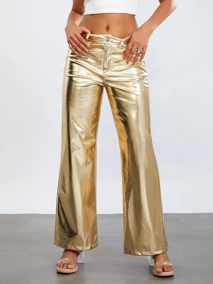 Women s Metallic Jeans Loose Low Waist Button Straight Leg Long Length Gold Trousers Glitter Pants with Front Pockets - Premium  from Lizard Vigilante - Just $38.99! Shop now at Lizard Vigilante