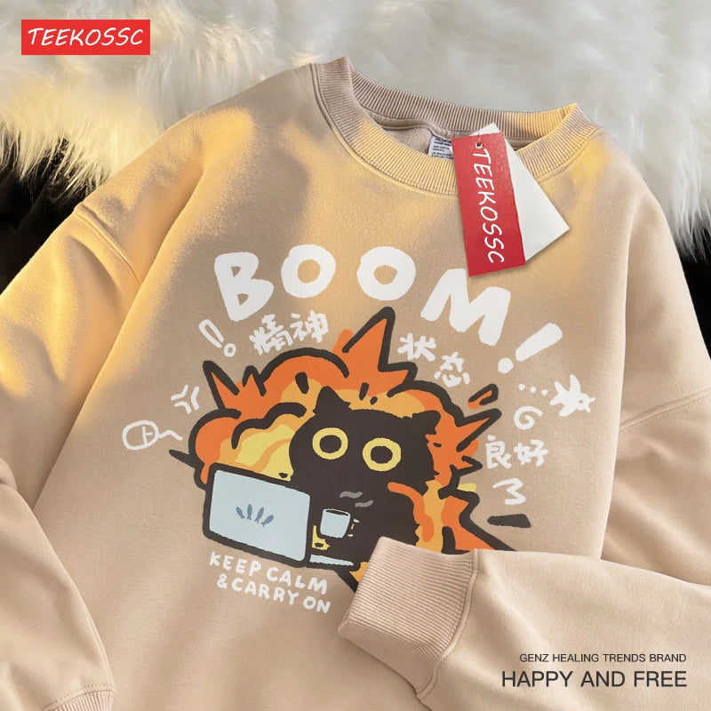 Funny Cat Sweatshirt - Good Mental State BOOM Cartoon Fleece Oversized Hoodie for Men & Women - Premium sweatshirt from Lizard Vigilante - Just $36.66! Shop now at Lizard Vigilante