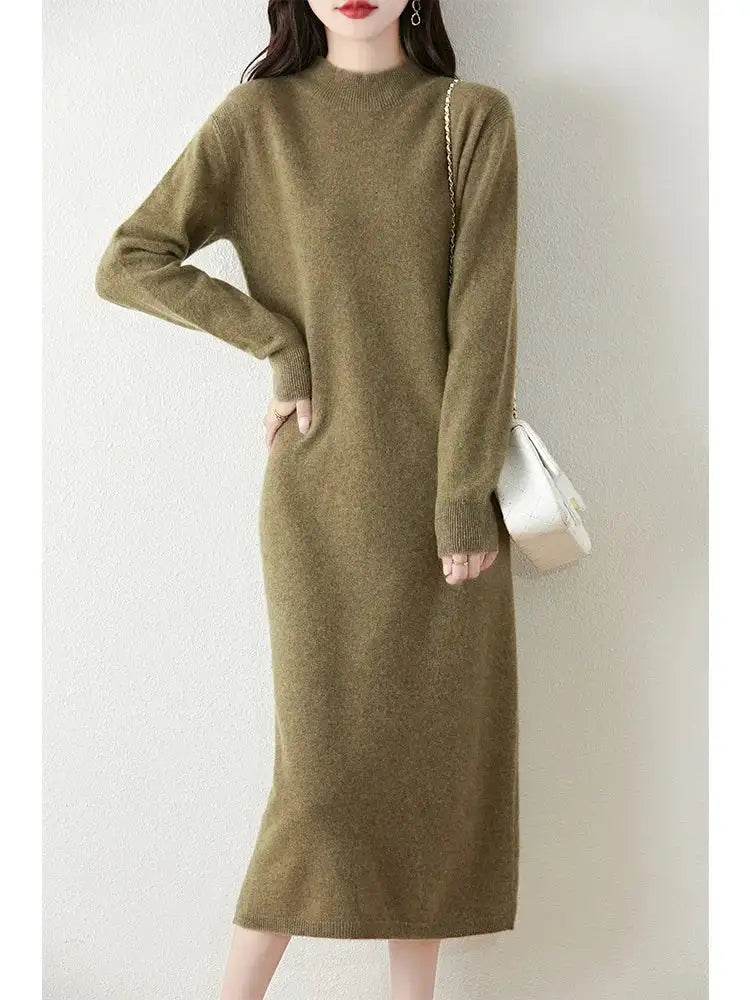 Autumn Winter Women's Wool Long Dress Cashmere Mock Neck Pullover Sweater 100% Merino Wool Soft Knitwear OL Simple Basic Dress