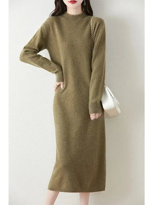 Autumn Winter Women's Wool Long Dress Cashmere Mock Neck Pullover Sweater 100% Merino Wool Soft Knitwear OL Simple Basic Dress