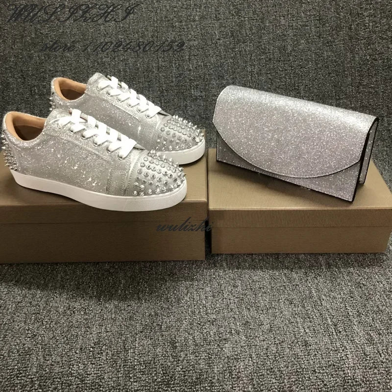 Flat Rivet Silver Casual Shoes Women Clutch Design Crystal Sneakers Luxurious Round Concise Couple Metallic Glitter Lace Up Shoe - Premium shoes from Lizard Vigilante - Just $147.99! Shop now at Lizard Vigilante