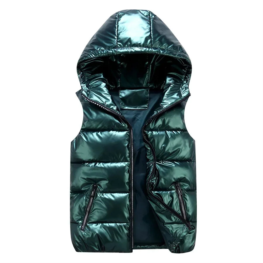 Men's Winter Hooded Padded Vest – Glossy Sleeveless Jacket, Waterproof Casual Outwear - Premium jacket from Lizard Vigilante - Just $28.88! Shop now at Lizard Vigilante