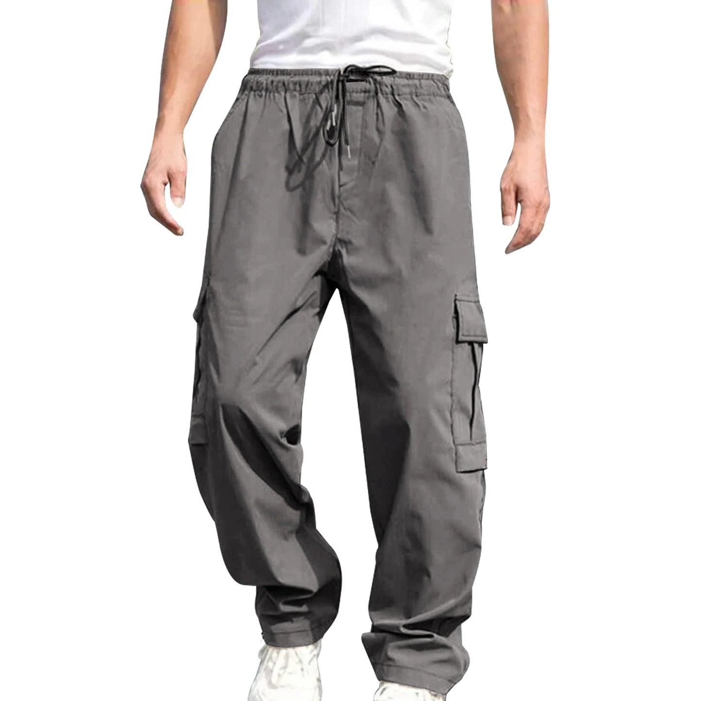 Men’s Loose Cargo Pants – Solid Color Drawstring Waist, Straight Leg Casual Work Trousers with Pockets - Premium cargo pants from Lizard Vigilante - Just $27.99! Shop now at Lizard Vigilante