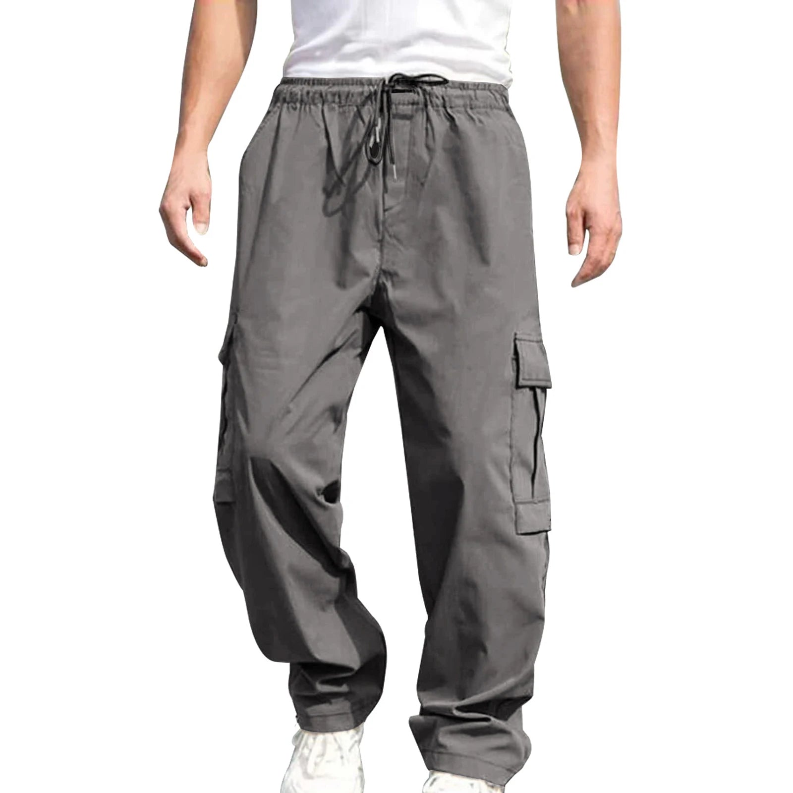 Men’s Loose Cargo Pants – Solid Color Drawstring Waist, Straight Leg Casual Work Trousers with Pockets - Premium cargo pants from Lizard Vigilante - Just $27.99! Shop now at Lizard Vigilante