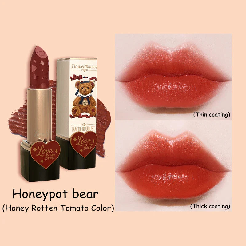 Flower Knows Love Bear Series Matte Moisturizing Lipstick Silky Smooth Renewal Natural Lip Makeup Professional Cosmetic Women