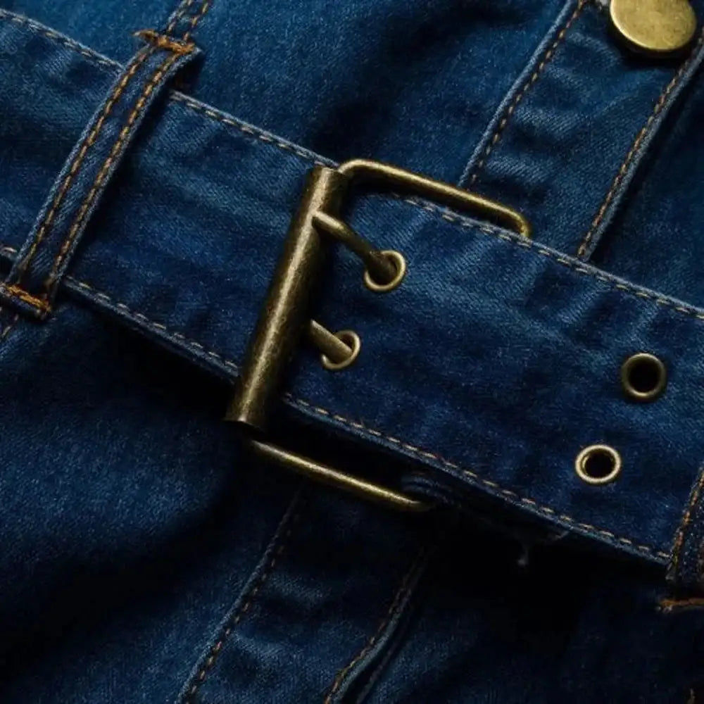 Vintage Button Up Jeans Dress Women Blue Lapel Denim Vestidos Winter Office Slim Long Sleeve Mid-Cuff Denim with Belt Long Dress