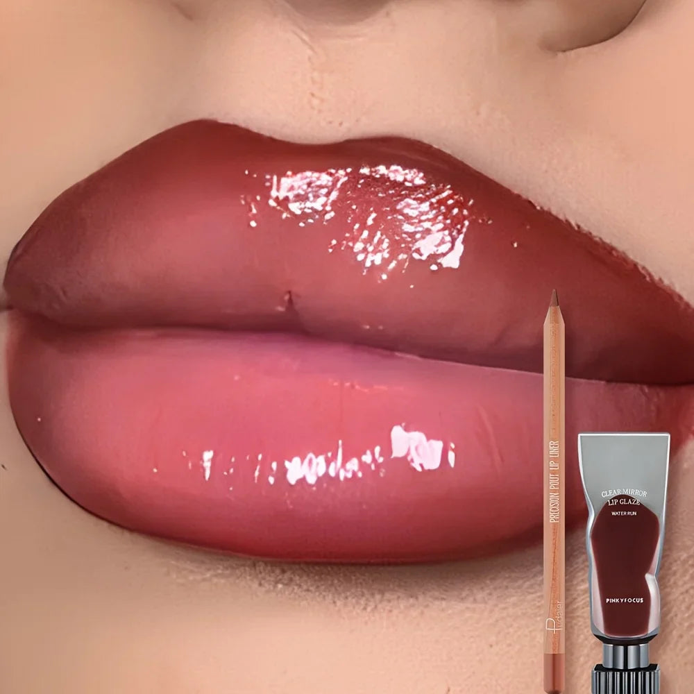 2pcs set of moisturizing and moisturizing lip gloss and durable waterproof lipliner set - high color lipstick, glossy texture
