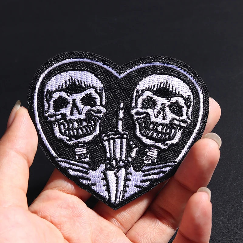 Double Skull Heart: 8x7cm Embroidered Patch for Clothing Iron on Sew Applique Cute Fabric Shoes Bags DIY Decoration - Premium patch from Lizard Vigilante - Just $13.99! Shop now at Lizard Vigilante