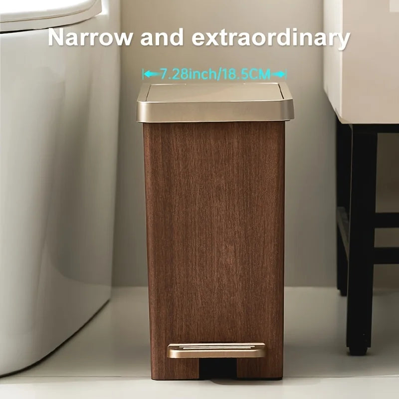 Large Capacity Trash Can，Elegant Wood Grain Design。Durable Plastic，Mute off，Save Space。Suitable for Kitchen、Bathroom、Office、Bedr
