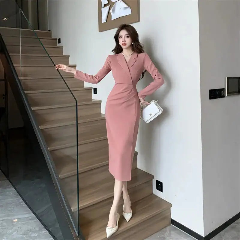 Women Pink Pleated Bodycon Formal Long Dress Autumn Winter Long Sleeve Chic Suit Dress 2025 Korean Fashion Elegant Party Dresses