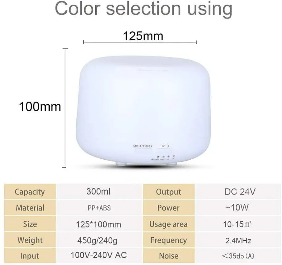 Aroma Diffuser, 300ml Aromatherapy Oil Diffuser with 7-Color Light, Timer-Adjustable Fog Mode Setting 300ML humidifier