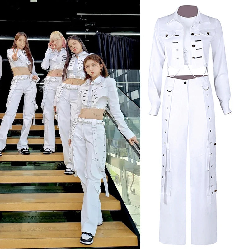 Kpop Korean New Women White Slim Crop Top Cargo Pants Concert Outfits Festival Clothes Lady Stage Rave Hip Hop Vest Dancer Suits - Premium  from Lizard Vigilante - Just $39.99! Shop now at Lizard Vigilante