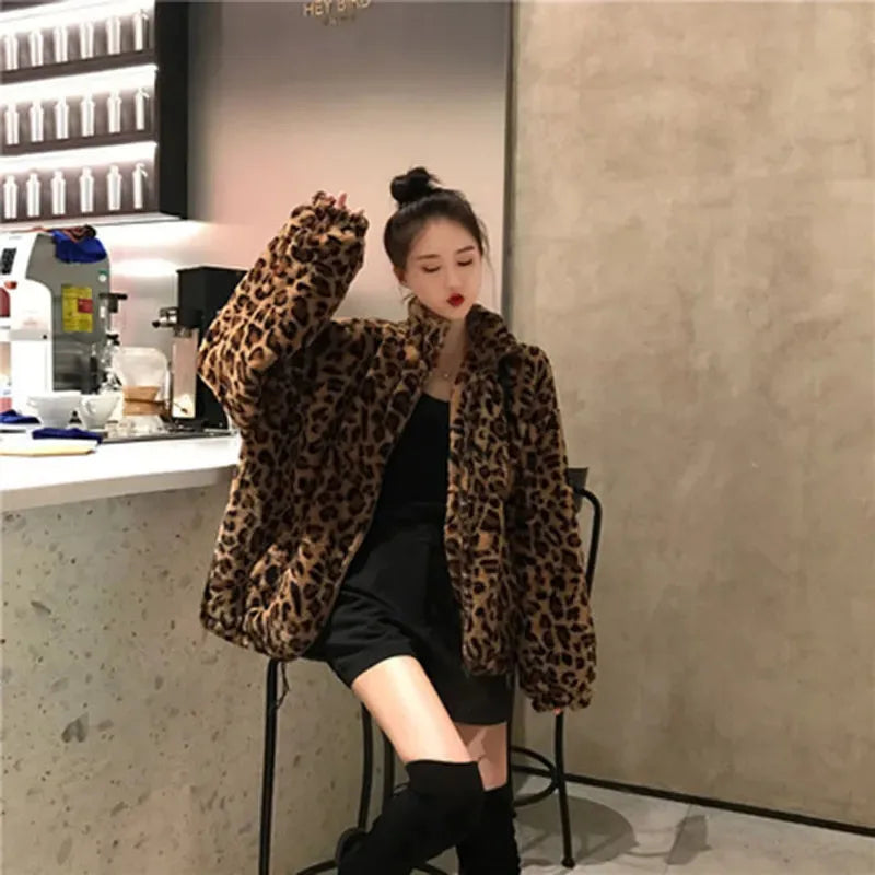 Autumn Fuzzy Leopard Print Jacket for Women – Warm Stand Collar Parka - Premium coat from Lizard Vigilante - Just $68.88! Shop now at Lizard Vigilante