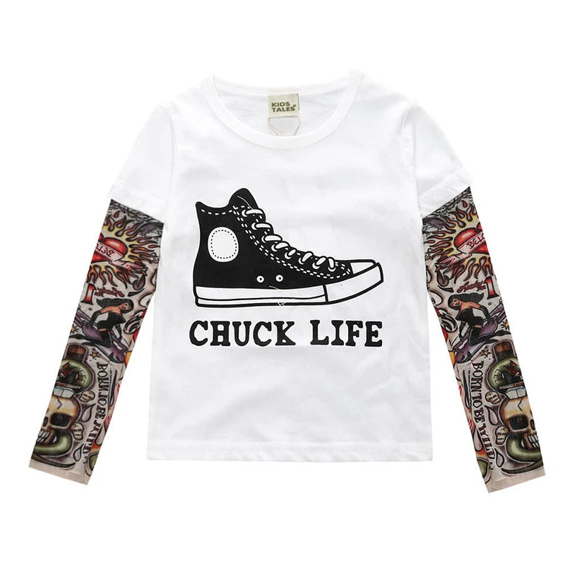 Little Rebel Inked Long Sleeve Tee – punk rock tattoo-print cotton top for future stage legends