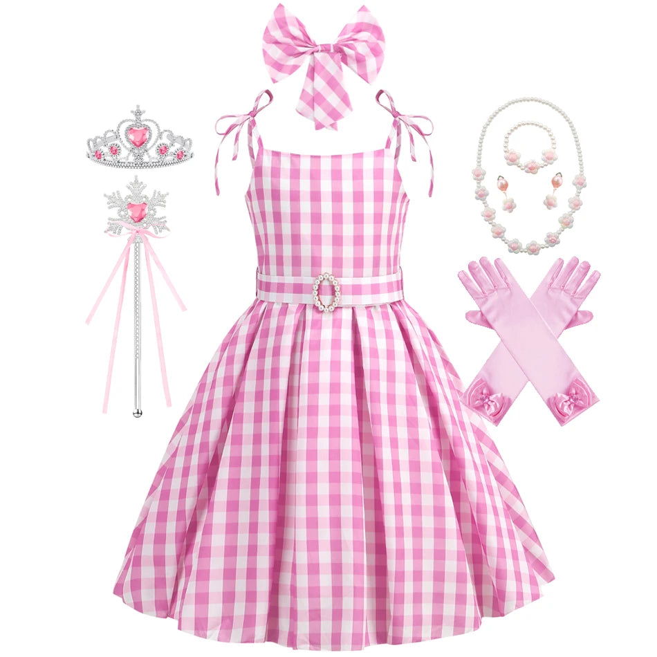 Barbie Movie Costume Girls Princess Cosplay Clothes Children Pink Plaid Dress Halloween Carnival Kids Party Wear 2-10 Years - Premium Cosplay Costumes from Lizard Vigilante - Just $18.99! Shop now at Lizard Vigilante