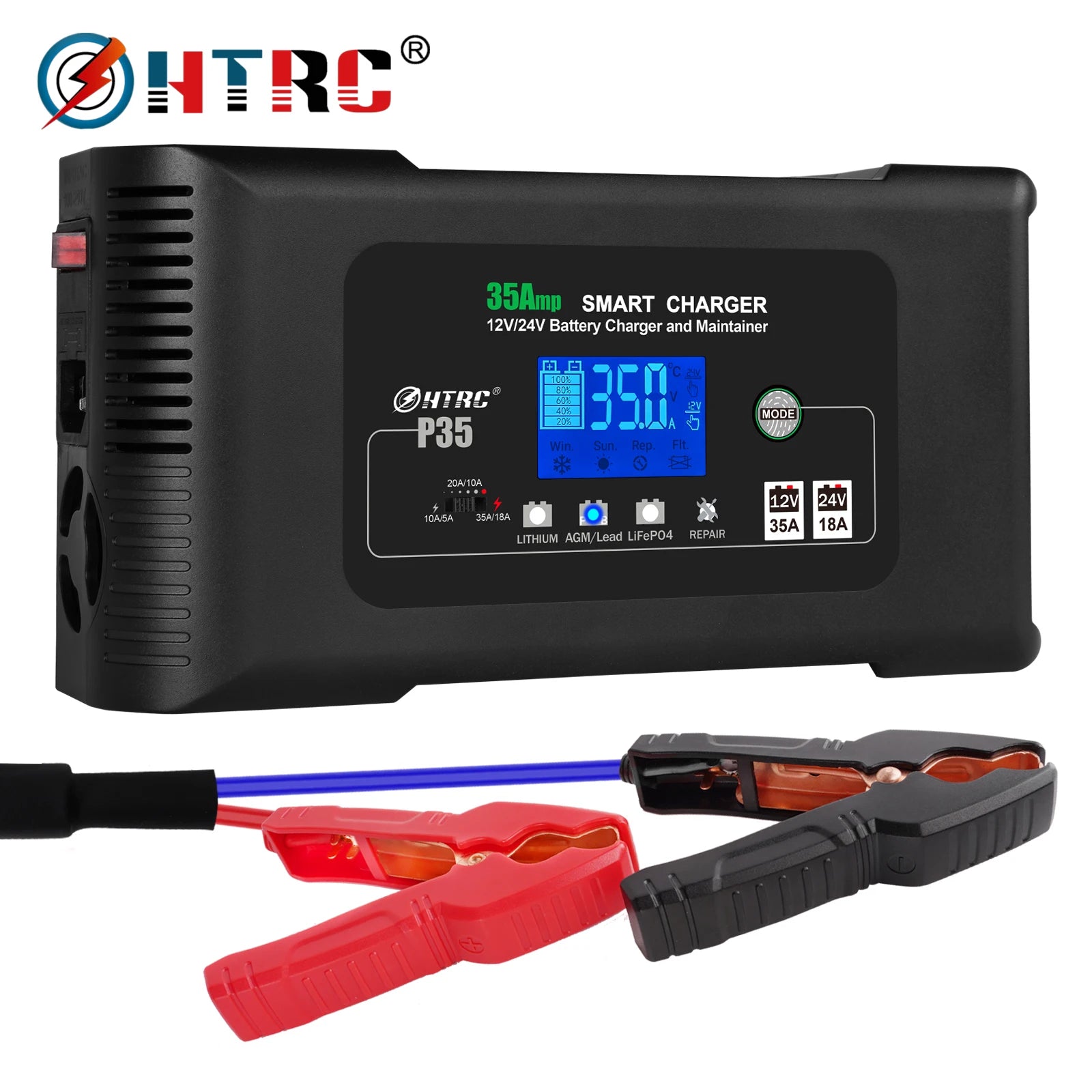 HTRC 35A 12V/24V Car Battery Charger – Smart LCD Display for Auto, Truck, and Motorcycle Batteries - Premium battery charger from Lizard Vigilante - Just $168.88! Shop now at Lizard Vigilante