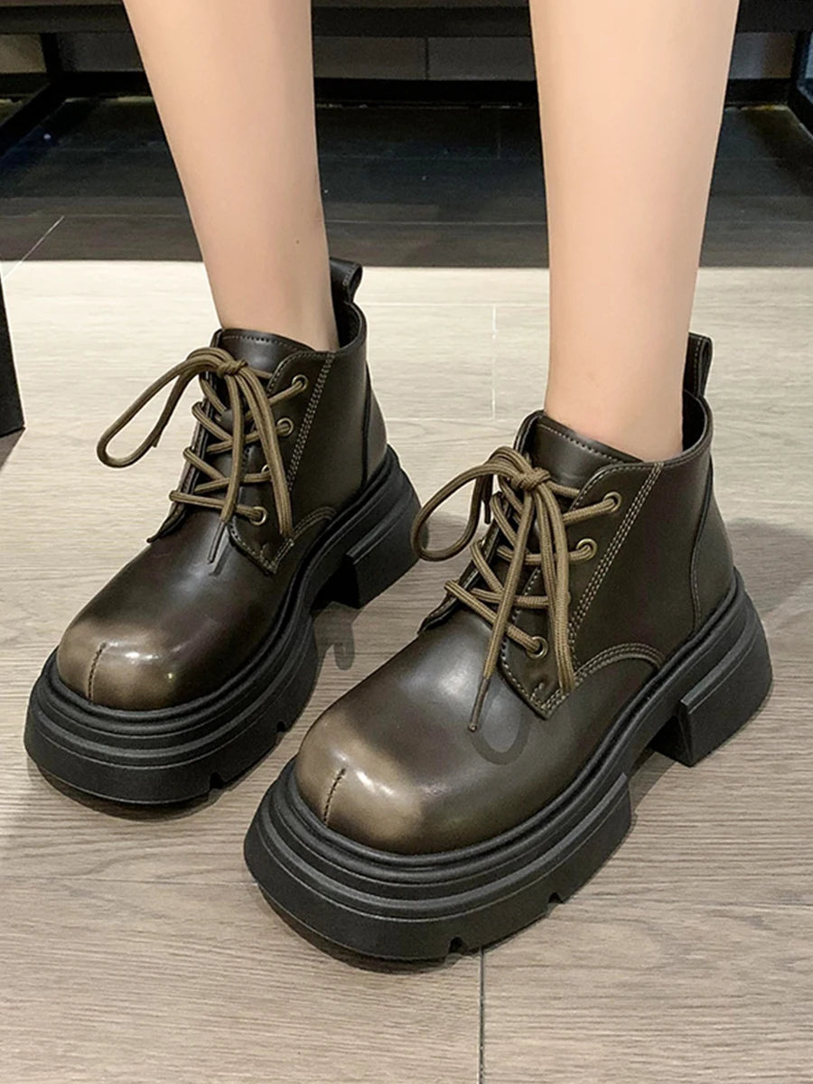 Women’s Lace-Up Ankle Boots – Med Hoof Heel Lolita Rock Round Toe PU Leather Winter Footwear | Solid Rubber Sole, Handmade Classic Street Style - Premium boot from dsers - Just $96.66! Shop now at Lizard Vigilante