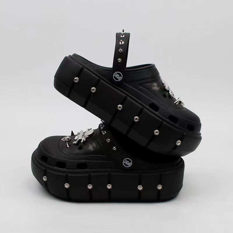 Skull and Crossbones Clogs Punk Women's Sandals Platform Slippers Garden Shoes Heels Metal Skull Charms Wedge Soft EVA Casual Shoes For Female - Premium sandals from Lizard Vigilante - Just $59.99! Shop now at Lizard Vigilante