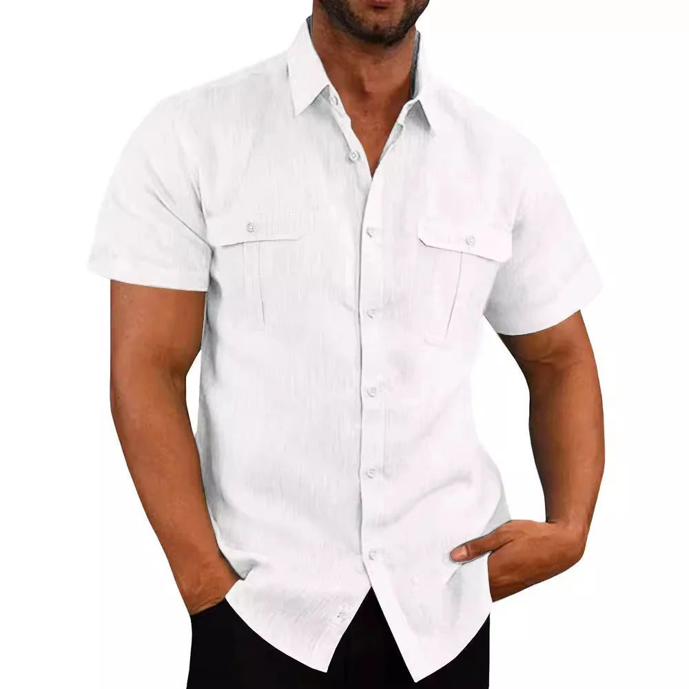 Men's Shirt Double Pocket Cotton Linen Short Sleeve Shirts for Men Casual Holiday Beach Shirt streetwear Solid Color Slim Fit - Premium  from Lizard Vigilante - Just $23.99! Shop now at Lizard Vigilante
