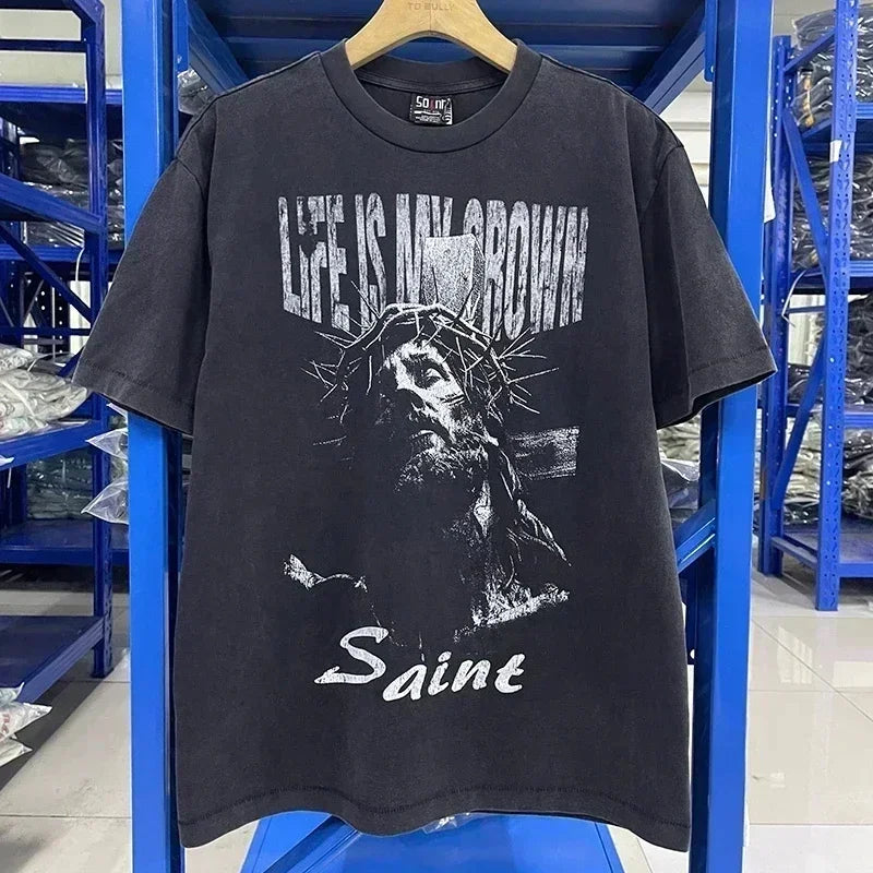 Men Women High Street Vintage Washed Black T-Shirt Top Quality Cototn TEE 3D Cracked Letters Logo Print Saint T Shirt With Tags - Premium  from Lizard Vigilante - Just $64.99! Shop now at Lizard Vigilante