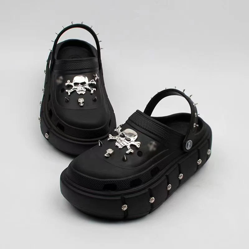 Skull and Crossbones Clogs Punk Women's Sandals Platform Slippers Garden Shoes Heels Metal Skull Charms Wedge Soft EVA Casual Shoes For Female - Premium sandals from Lizard Vigilante - Just $59.99! Shop now at Lizard Vigilante