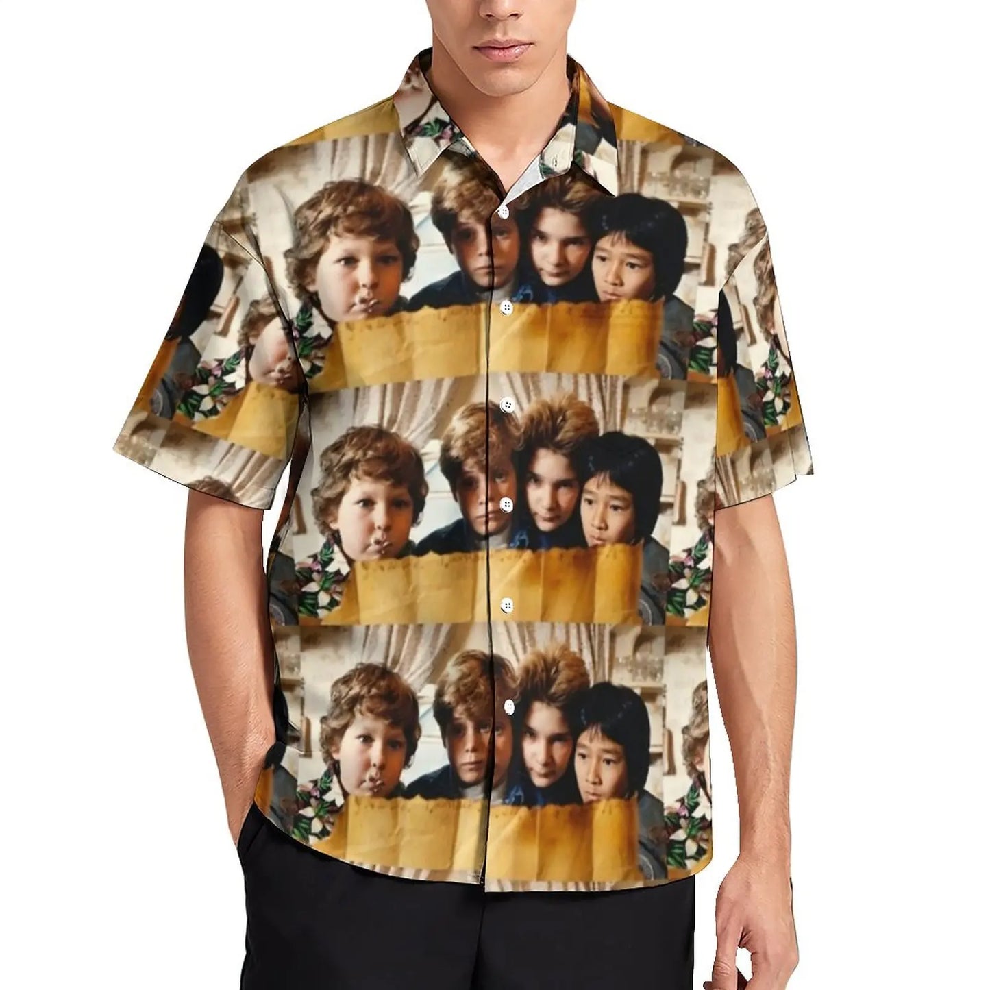 Retro Goonies Print Hawaiian Beach Shirt – 80s Classic Movie-Inspired Casual Button-Up for Men, Plus Size - Premium beach shirt from Lizard Vigilante - Just $26.88! Shop now at Lizard Vigilante