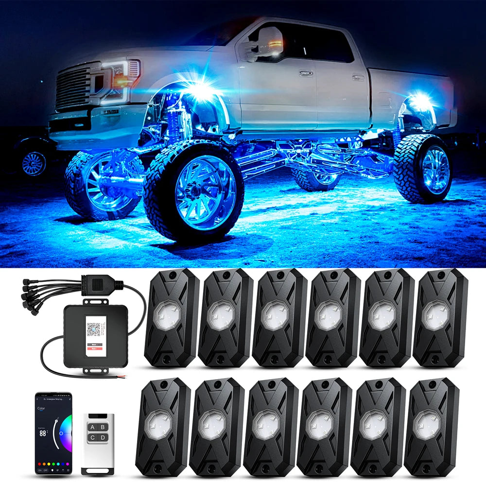 RGB LED Underglow Rock Lights - 8 Pods App Remote Control & Music Mode for Pickup, ATV, RZR, UTV - Premium rock lights from Lizard Vigilante - Just $84.99! Shop now at Lizard Vigilante