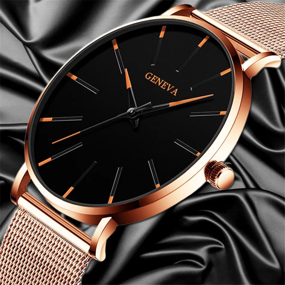 2025 New Mens Fashion Watches Luxury Ultra Thin Stainless Steel Mesh Strap Quartz Watch Rose Gold Men Watch Gifts Reloj Hombre - Premium  from Lizard Vigilante - Just $11.99! Shop now at Lizard Vigilante
