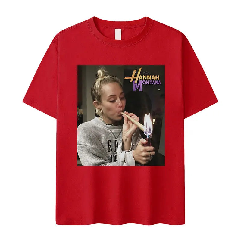 Miley Cyrus Funny Smoking Graphic T-Shirt | Hannah Montana Vintage Aesthetic Men’s & Women’s Casual Oversized Cotton Tee - Premium T-Shirt from Lizard Vigilante - Just $26.66! Shop now at Lizard Vigilante