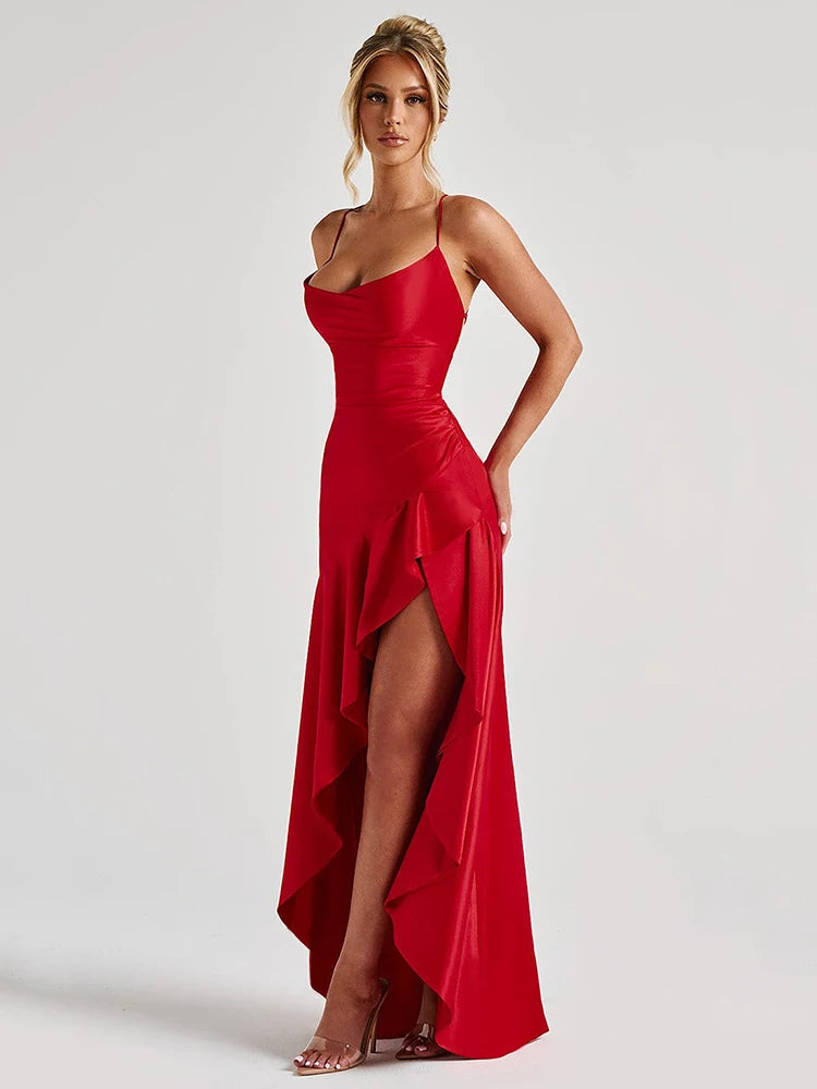 Articat Midnight Whisper – Spaghetti Strap Satin Maxi Dress with Side Split & Backless Heat