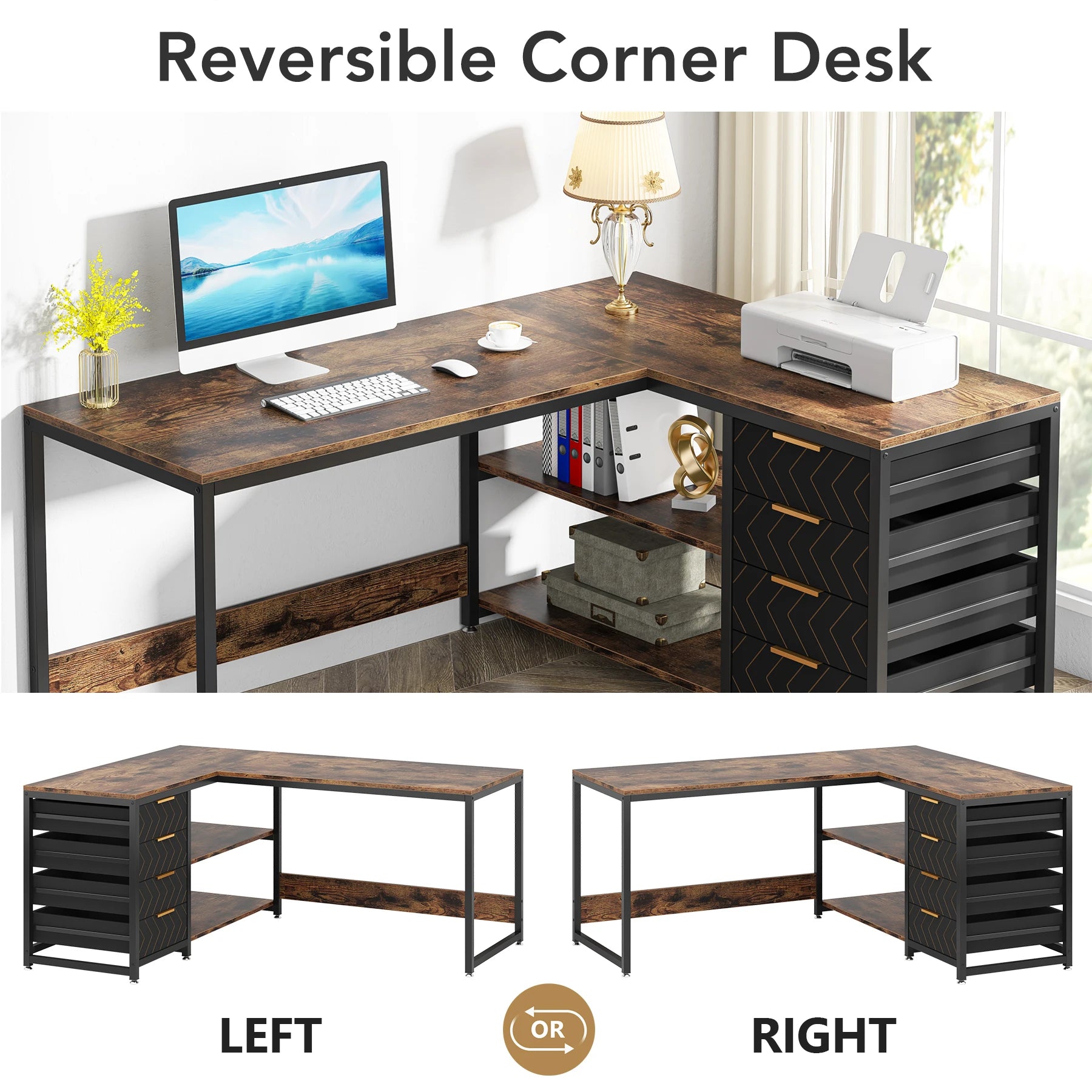 Tribesigns 59" Reversible L-Shaped Computer Desk with Storage Drawers & Shelves – Spacious Corner Office Desk for Home & Workspace - Premium desk from Lizard Vigilante - Just $244.88! Shop now at Lizard Vigilante