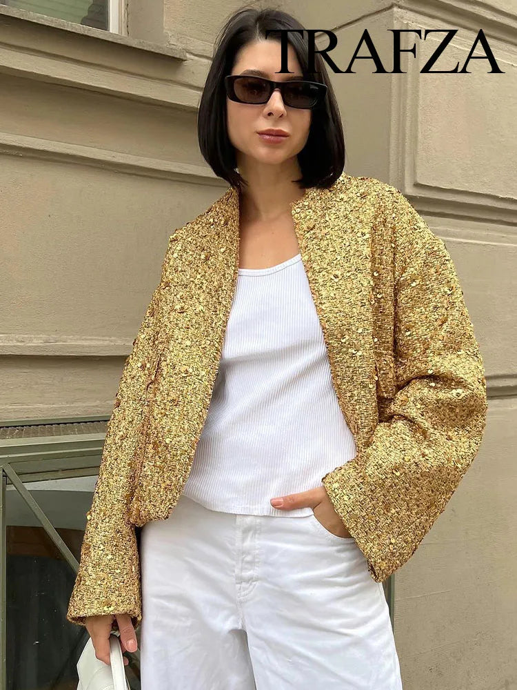 TRAFZA Women’s Fashion Shiny Sequin Jacket – Y2K Gold Color Stand Collar Coat - Premium jacket from Lizard Vigilante - Just $60.99! Shop now at Lizard Vigilante