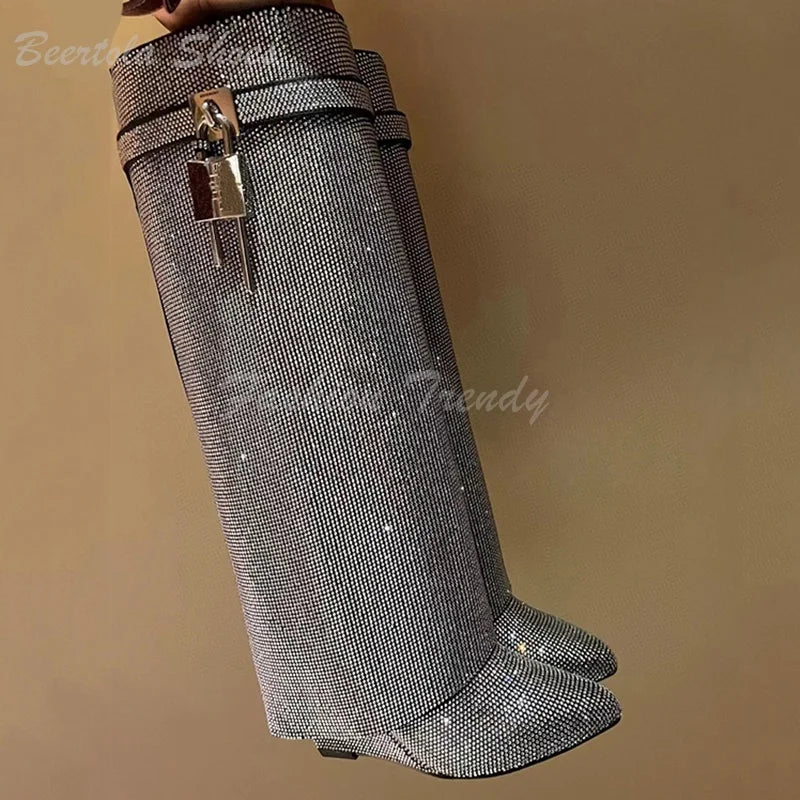 Abesire Silver Crystal Round Flat Metal Buckle Knee Boots: Luxurious and Stylish - Premium boots from Lizard Vigilante - Just $156.88! Shop now at Lizard Vigilante