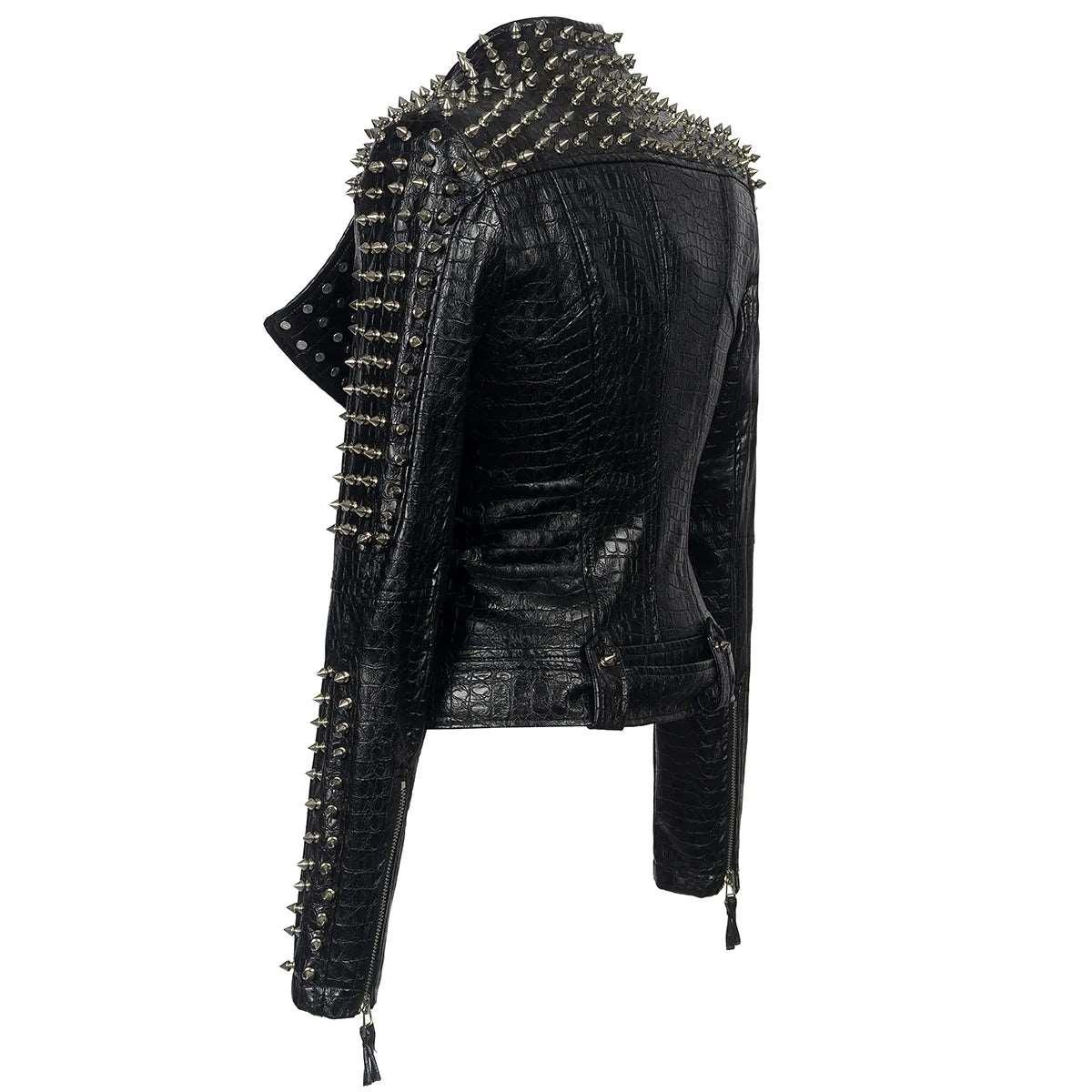 2024 Steampunk Rock Rivet Women's Leather Jacket Slim Short Streetwear Gothic Embroidery PU Leather Locomotive Coat Femme - Lizard Vigilante