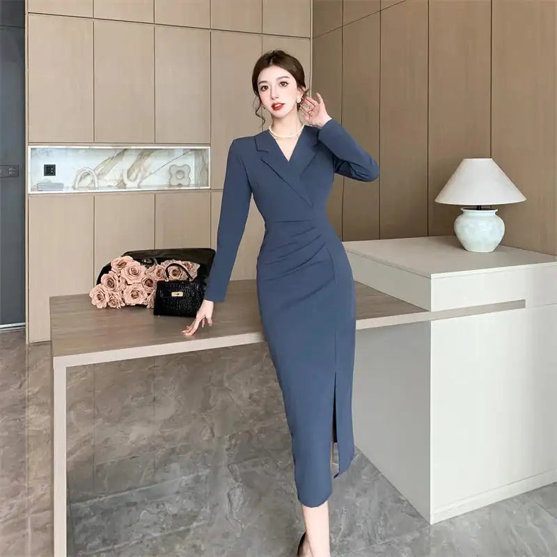 Women Pink Pleated Bodycon Formal Long Dress Autumn Winter Long Sleeve Chic Suit Dress 2025 Korean Fashion Elegant Party Dresses