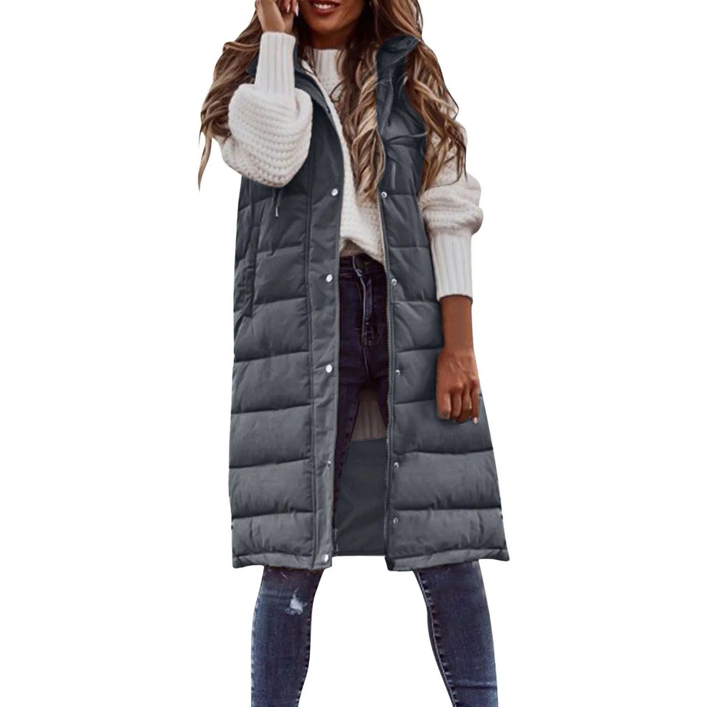 Women's Long Hooded Cotton Down Vest | Quilted Sleeveless Jacket | Warm Autumn/Winter Outwear (5XL) - Premium vest from Lizard Vigilante - Just $41.99! Shop now at Lizard Vigilante