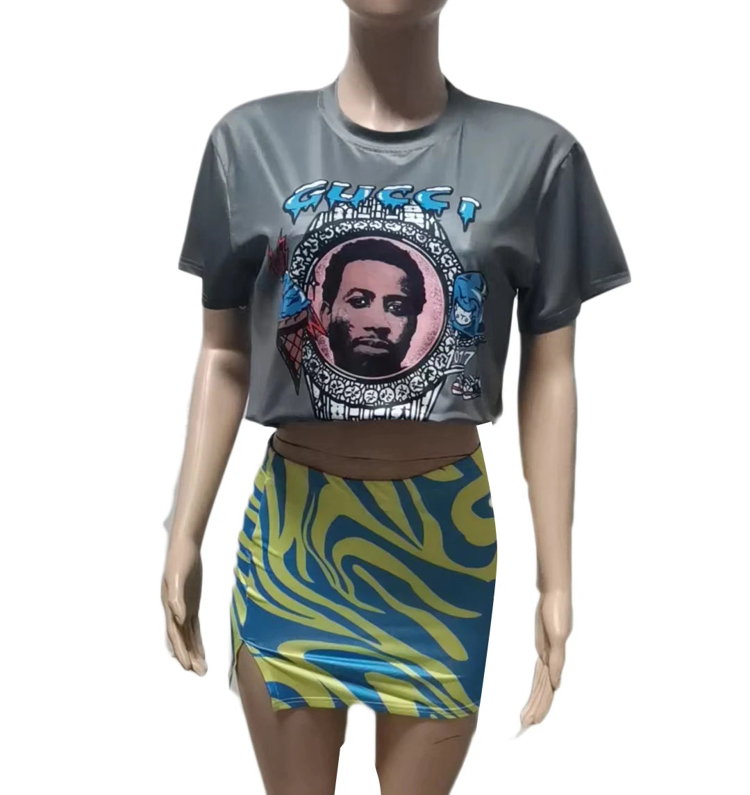 Summer 2-Piece Skirt Set - Sexy Crop Graphic Tee & Mini Skirt Y2K Streetwear Fashion - Premium skirt set from Lizard Vigilante - Just $33.99! Shop now at Lizard Vigilante