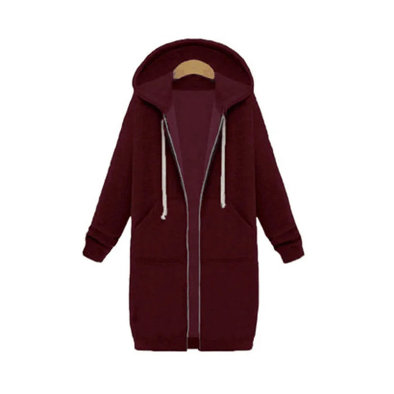 Women’s Long Hooded Sweatshirt Thick Loose Solid Color Pocket Coat Autumn Winter Fashion Hoodie