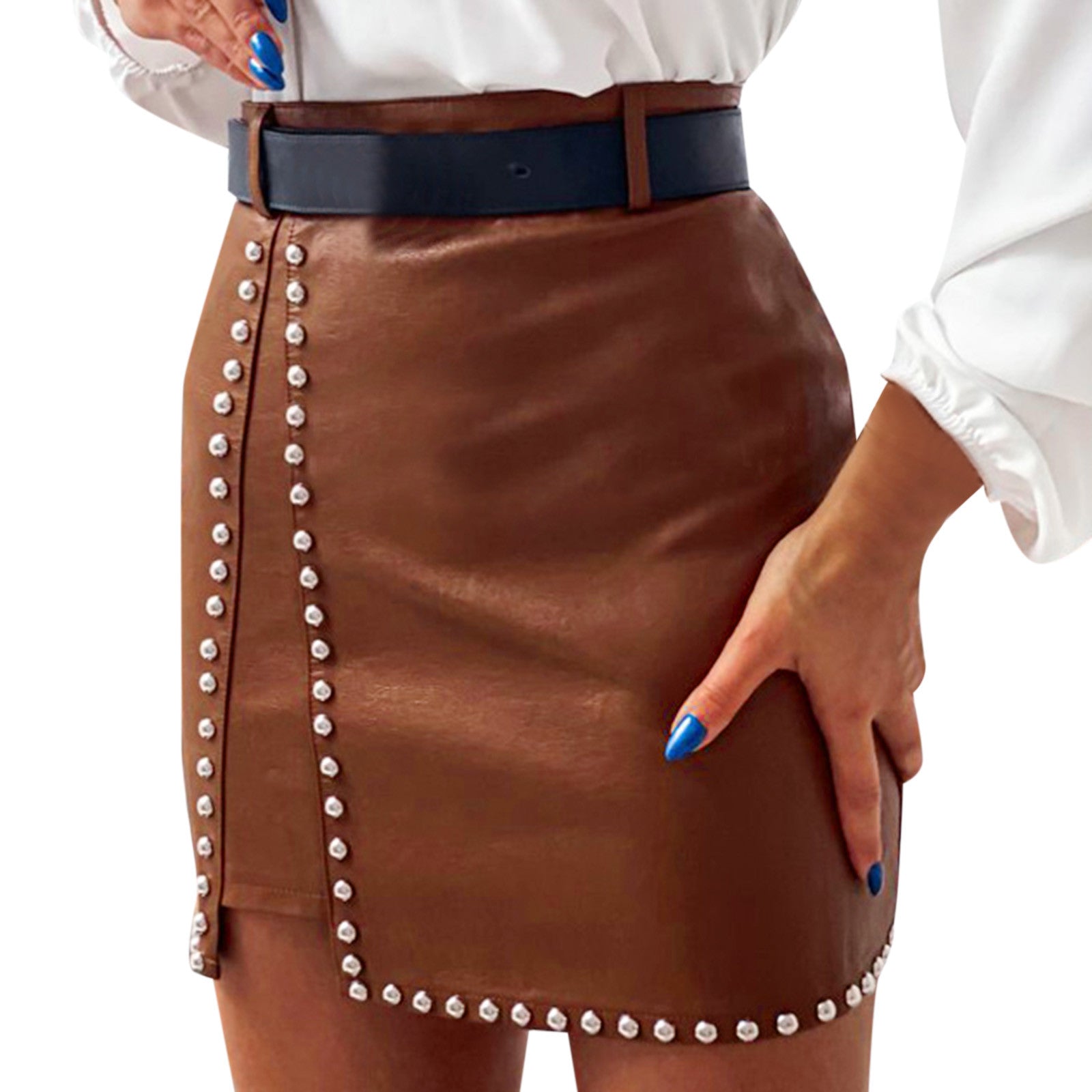 Sexy Girl Black PU Leather Mini Skirts Women High Waist Bodycon Front Split Studded Elegant Short Skirt Spring Autumn Streetwear - Premium  from Lizard Vigilante - Just $12.99! Shop now at Lizard Vigilante