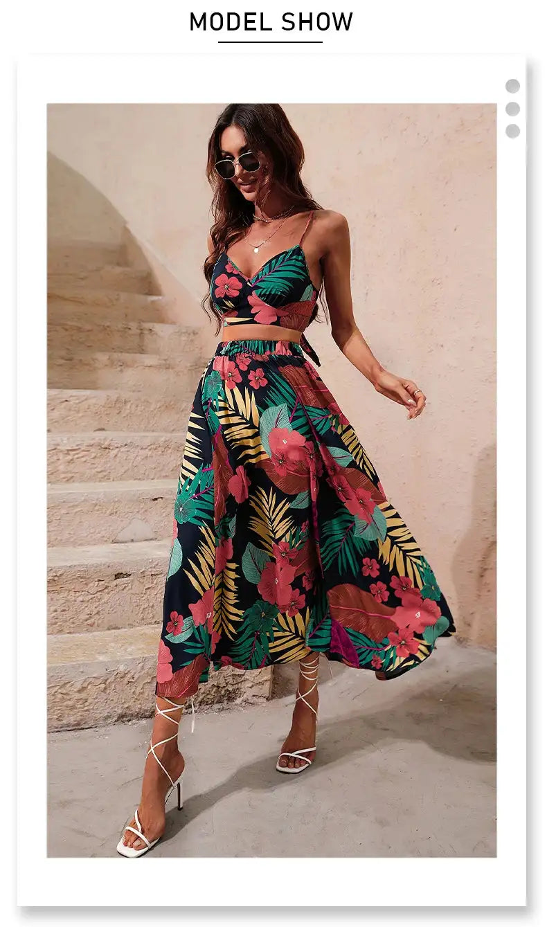 Y2K Bikini Crop Tops Long Dress Sexy Set for Women Summer Fashion Two Pieces Skirt Beach Style Floral Print Midi Sexy Boho Sets