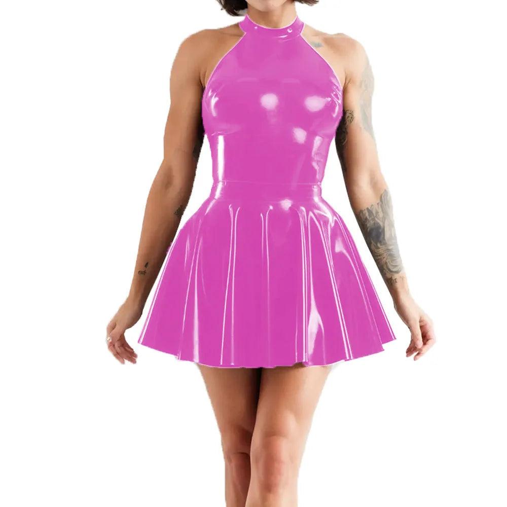 Shiny Sleeveless A-Line Pleated Mini Dress Halter Neck Skater Wet PVC Leather Swing Skirt Dress Latex-look Clubwear - Lizard Vigilante