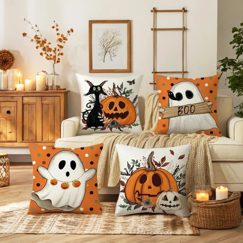 Halloween Pillowcases: Cat, Ghost, and Pumpkin Themed Decor! Sofa cushion cover, holiday party decoration, gift