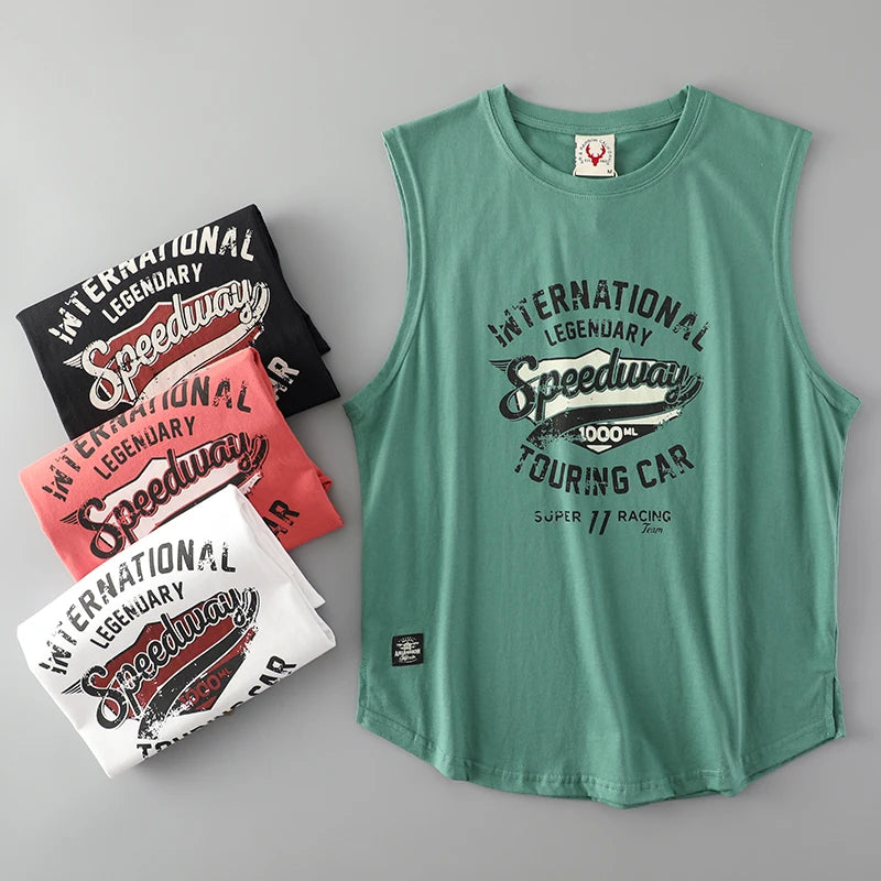 2025 Summer American Retro Sleeveless O-Neck Letter Print T-Shirt – 100% Cotton Men’s Basketball Sports Casual Vest - Premium tee from dsers - Just $30.99! Shop now at Lizard Vigilante