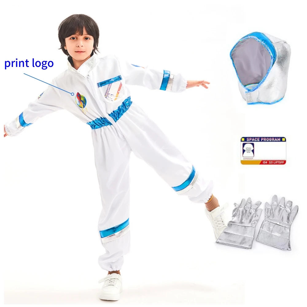 Kids Astronaut Cosplay Jumpsuit Space Party Costume With Gloves White Spaceman Outfit