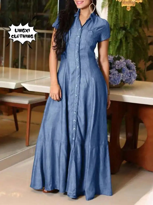 2023 Fashion New Long Dress Shirt Neck Pocket Large Swing Dress Casual Elegant Temperament Single Breasted Denim Dress