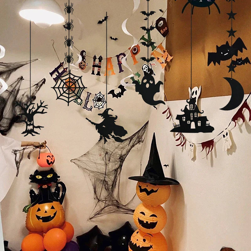 1set Halloween Decoration Banner Bunting Scary Spider Ghost Bat Hanging Garland Pull Flag Pendant For Halloween Party Home Decor