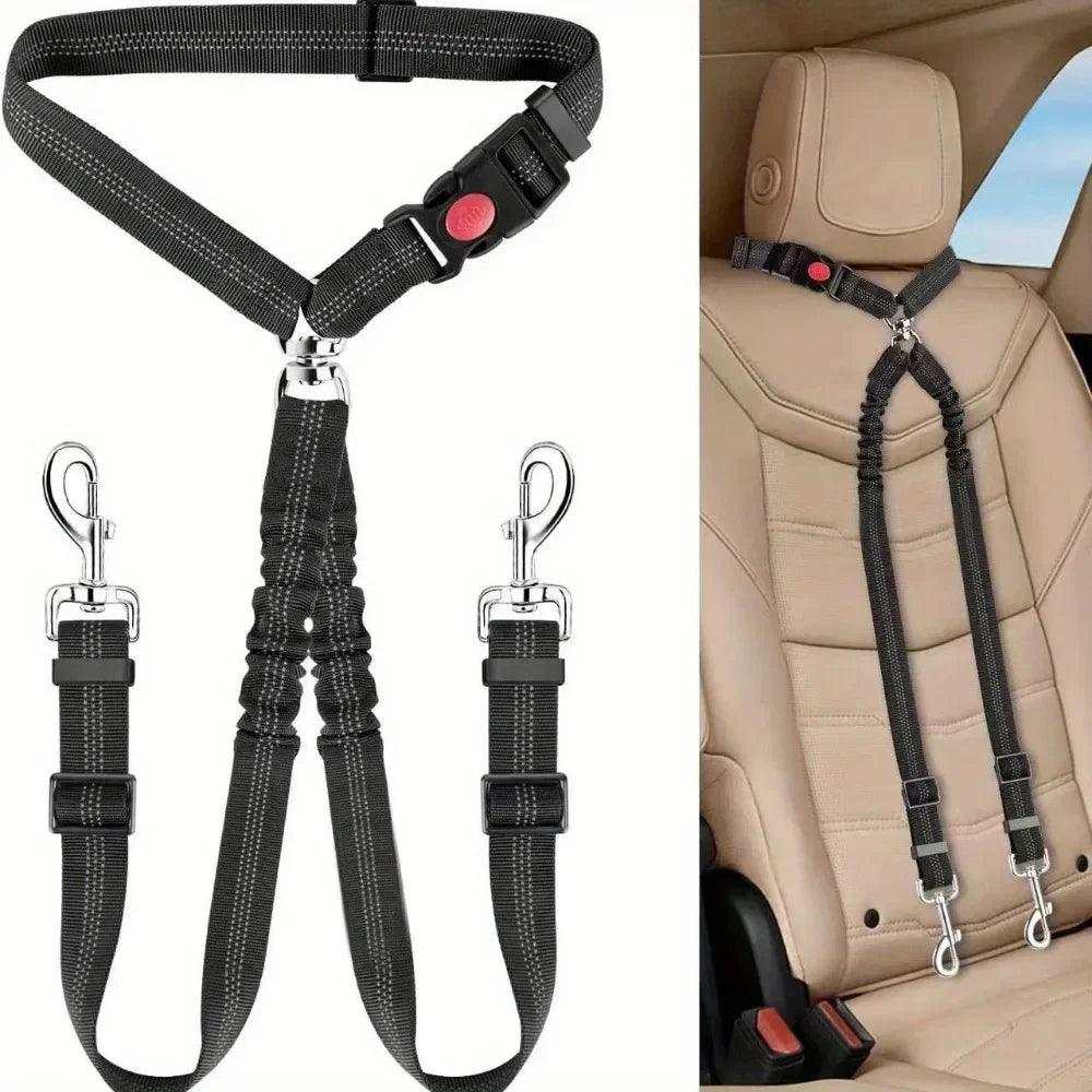 Double Dog Safety Belt: Adjustable Car Headrest Restraint & Splitter Harness for 2 Dogs - Elastic Travel Seatbelt - Premium dog sseat belt from Lizard Vigilante - Just $18.69! Shop now at Lizard Vigilante